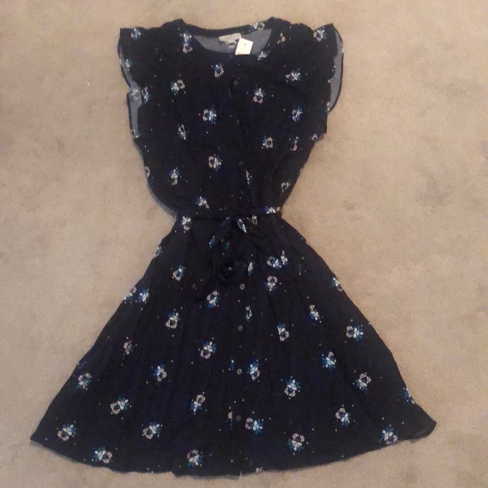 NWT Navy Floral Flutter Sleeve Shirtdress, Loft Outlet